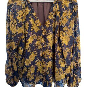 Current Air Womens LG Pleated Lace Blouse Brown Gold Dark Floral